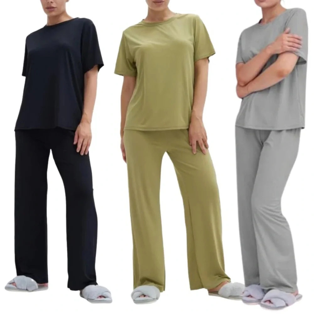 Talmont Women's Silky Short Sleeve Pajama Sets - Black - Picture 4 of 4